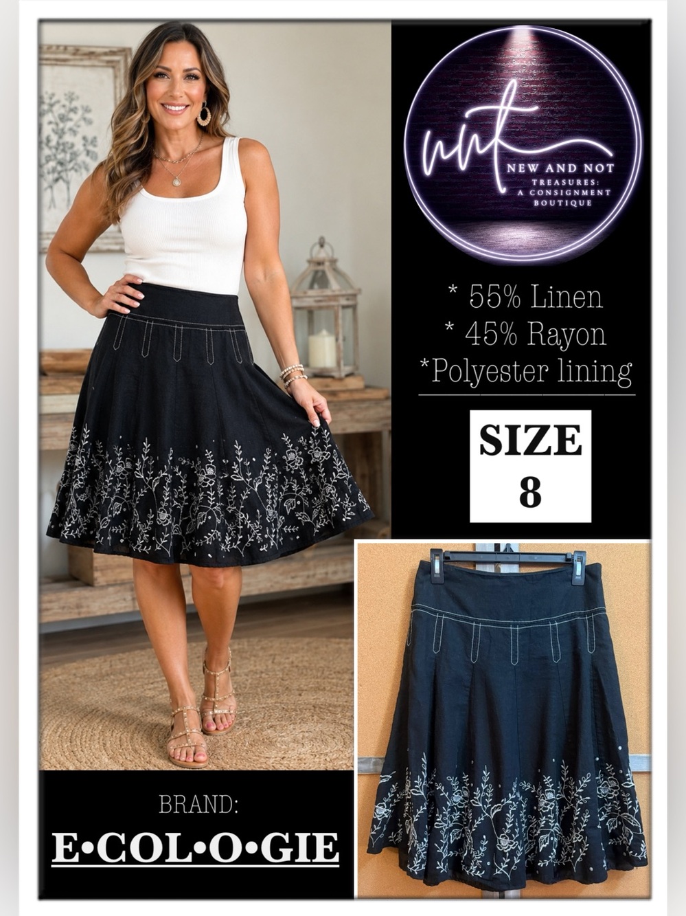 E•col•o•gie Black Linen Rayon Embroidered A-Line Skirt Size 8 Y2K Style